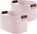 ECDYQXVU 15x10x9 Woven Cotton Rope Storage Basket, Leather Handles 2 Pack | Foldable Design, Sturdy PU Handles, Easy to Clean Organizer for Living Room, Closet, Shelves, Bedroom, Laundry, Clothes