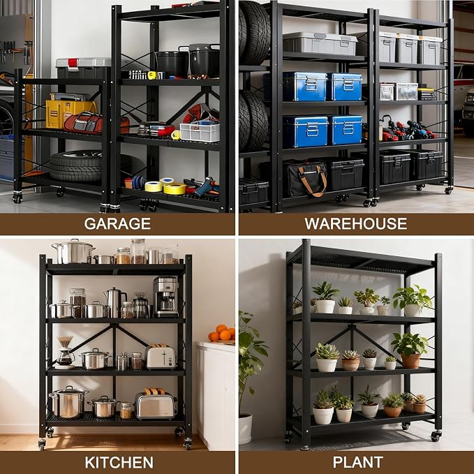 Folding Storage Shelves, Heavy Duty Garage Shelving Unit, Adjustable Metal Standing Storage Rack Shelf, No Assembly Wire Shelving Organizer with Wheels for Kitchen Pantry Warehouse (5-Tier, 2 Pack)