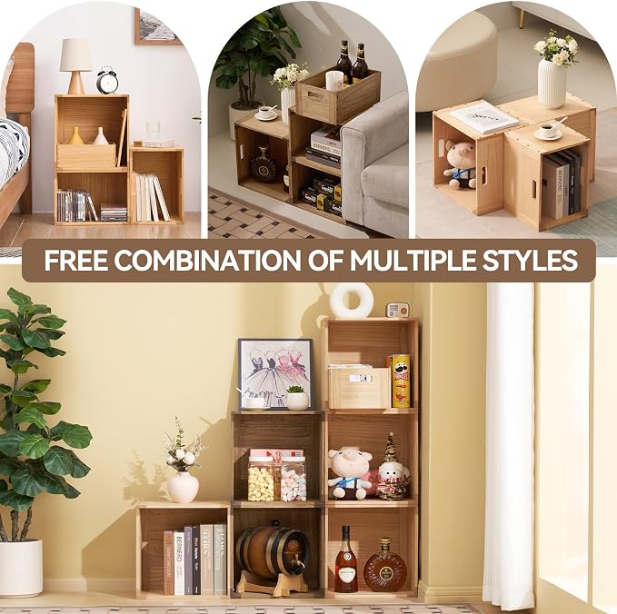 KIRIGEN Stackable Wood Storage Cube with Handles, Open Cubby Bin, Natural | Open-Front Wooden Crate Box for Books, Clothes, Shoes, Closet Storage, and Display for Home Office, Assembly Required