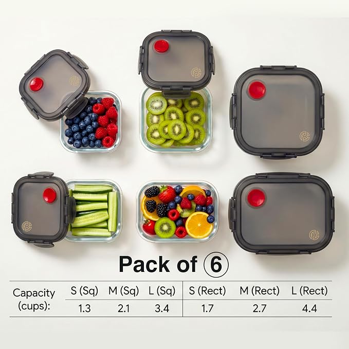Borosilicate Glass Airtight Food Storage Containers with Vented Lids, Assorted Set of 6 (3 Rectangular & 3 Square)