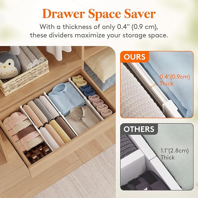 Lifewit 4" Tall 5 Pack Drawer Dividers, 35-56.5cm/13.8-22.2" Expandable Drawer Divider for Clothes, Adjustable Dresser Drawer Organizers, Drawers Separators for Dresser/Bathroom/Closet/Kitchen White