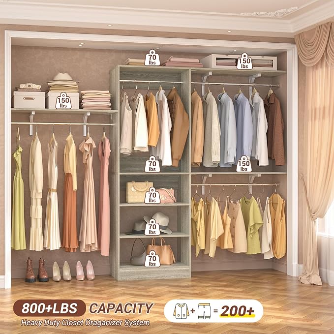 8FT Closet System with 3 Wooden Storage Shelves, 96'' Closet Organizer System with 3 Hanging Rods, Wall Mount Wardrobe Walk-in Closet, Adjustable Garment Rack from 5 to 8FT (Cut to Fit), White Oak