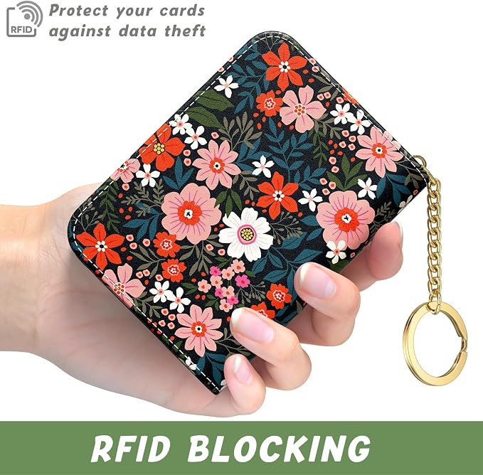 Aiawoxc Credit Card Holder, Small RFID Wallet Slim Leather Card Organizer Case with Zipper and Keychain, Cute Flowers