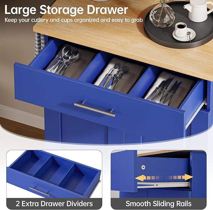 OtterOasis Kitchen Island Cart with Storage, Small Kitchen Island on Wheels with Large Drawer, Adjustable Shelf & Towel Rack, Rolling Island Table for Kitchen & Dining Room, Blue