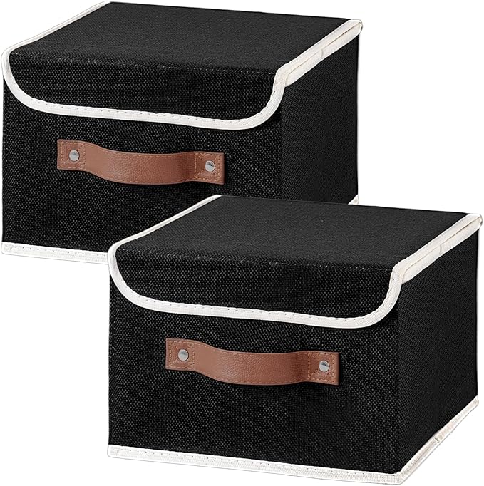 2PCS Collapsible Storage Boxes Baskets with Lid Cotton Linen Fabric Storage Bins with Faux Leather Handles Washable Cube Organizer Container for Home Closet Bedroom (Black, Small Size)