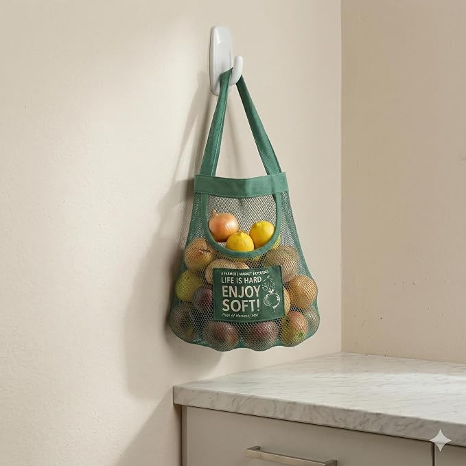 Durable Reusable Hanging Storage Mesh Bags for Fruits, Vegetables, Garlic, Ginger & Potatoes, Kitchen Storage Mesh Bag, Breathable Storage Bags for Pantry, Home Decor & Kitchen Decor (2 blue bags)