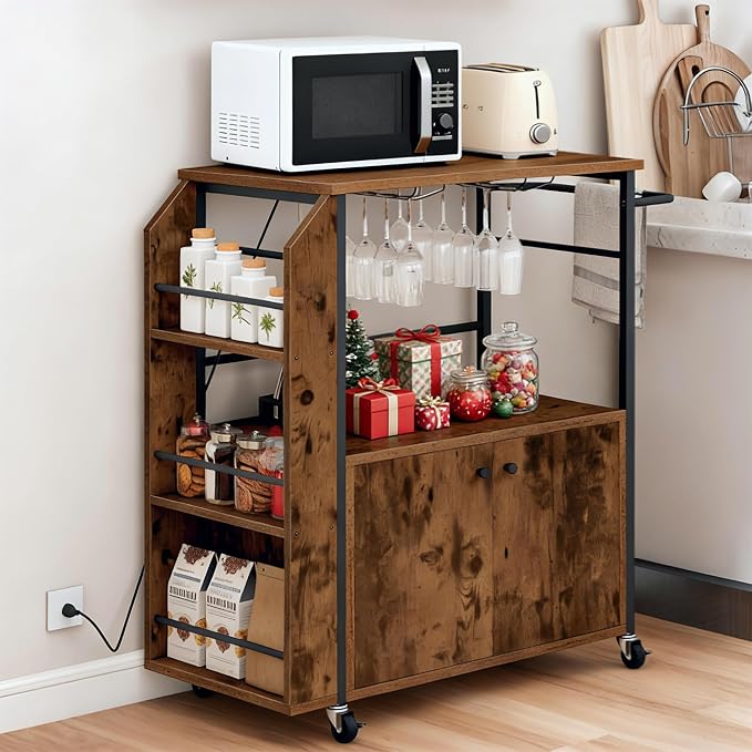 YITAHOME Kitchen Island Cart with Power Outlet, 36 Inch Mobile Kitchen Cart with Open Shelves, Rolling Portable Serving Utility Carts on Wheels with Storage for Kitchen, Dining Room, Brown
