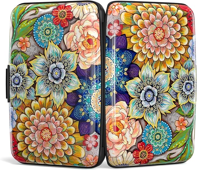 Credit Card Holder for Women, Small RFID Metal Credit Cards Wallets Cute Business Card Holder Pocket ID Case, Mandala Flower