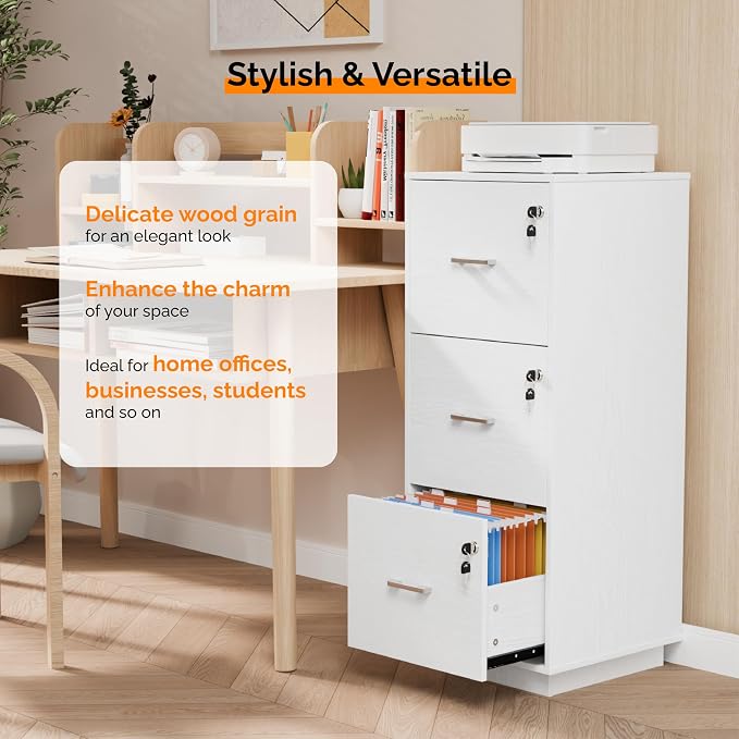 VINGLI 3 Drawer File Cabinet with Lock, Home Office Filing Organizer, for Letter Size File Folder Storage, Wood Tall Vertical Filing Cabinet, Printer Stand, Archivador (White)