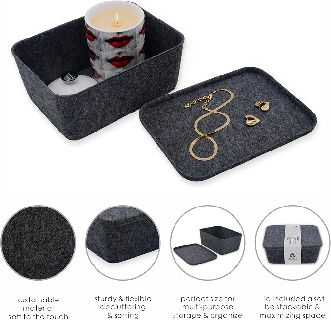 Welaxy Lidded office desk drawer organizer bins Deep draw organiser Felt storage box with lids for office supplies makeup jewelery rolled ties socks decluttering (Charcoal)