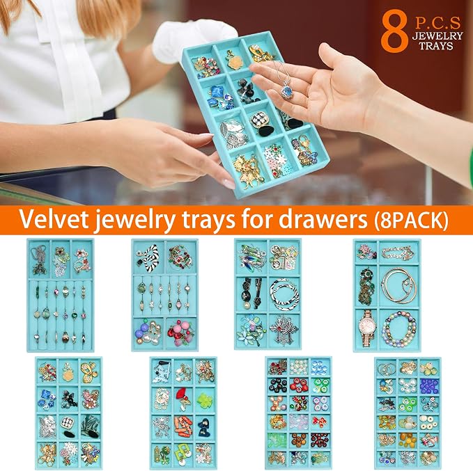 Jewelry Organizer Tray Set of 8, Stackable Velvet Jewelry Trays with Removable Dividers, Drawer Inserts Earring Organizer for Women, Jewelry Storage Display Case for Rings Necklaces Bracelets, Blue