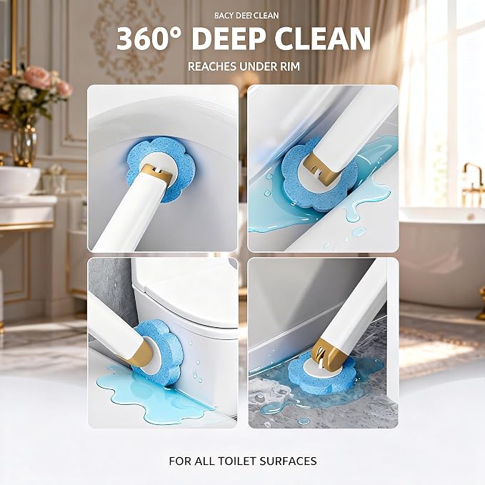 Disposable Toilet Brush with 48 Refills Holder Wall Mount Scrub kit | Built-in cleaner, Ergonomic wand, Long handle, No wash,Click-discard, 2x Adhesive Sheet