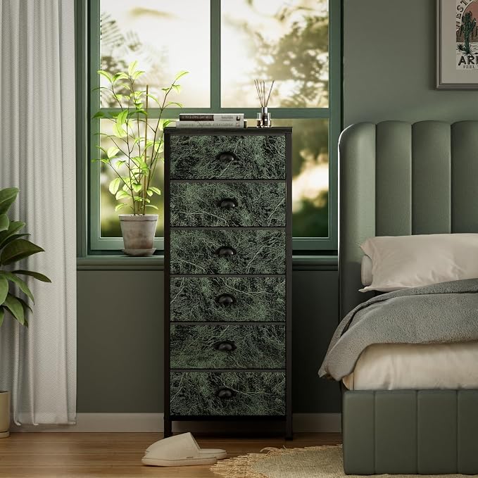 Furnulem Dresser for Bedroom, 6 Drawer Tall Storage Tower Unit and Chest | Vintage Green Fabric Drawer Organizer in Dorm, Vertical Tall Nightstand Furniture in Living Room,Closet, Metal Frame,Wood Top