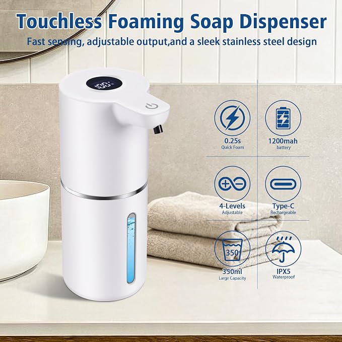 Automatic Liquid Soap Dispenser, Touchless Rechargeable, 350ml, White