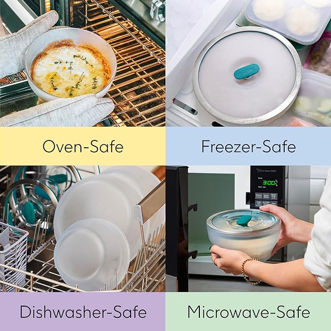 Anyday 4-Cup Glass Food Storage with Glass Lid, Round Shallow Dish | Plastic-Free Meal Prep & Microwave Cookware | Stackable Airtight Storage Container with Vented Lid for Microwave-Safe Reheating