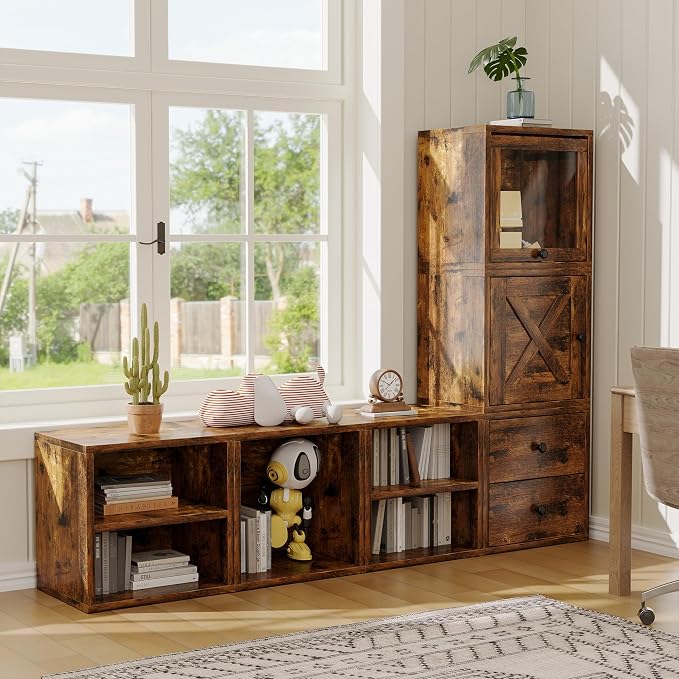 FUSUNBAO Magic DIY Cube Storage Organizer Stackable Cubes for Home Books Clothes Toy-Modular Cubby Storage System-Office Cubical-Bookcase Closet(Antique Brown, Glass Door Cube)