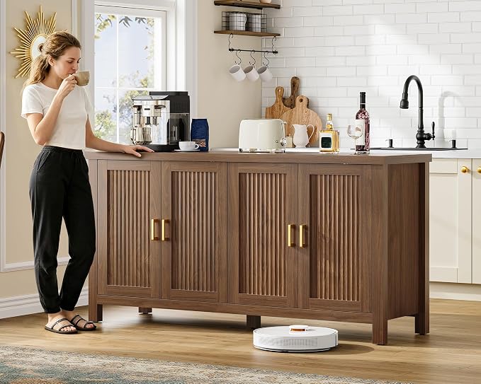 usikey Buffet Cabinet with Storage, 55" Fluted Sideboard Cabinet with 4 Adjustable Shelves, Modern Coffee Bar with 4 Doors, Coffee Bar Cabinet for Kitchen, Walnut