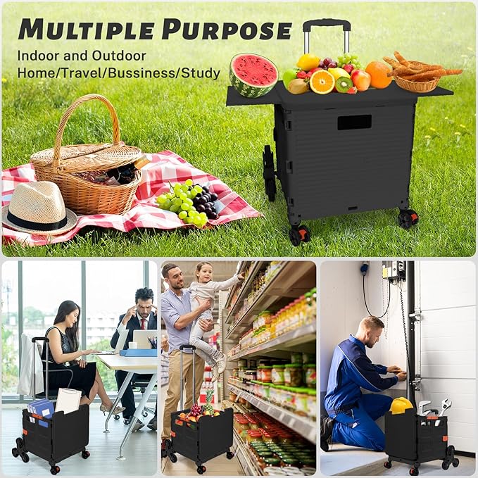 Foldable Utility Cart Collapsible Portable Crate Rolling Carts with Stair Climbing Wheels Tote Basket with Magnetic Lid Telescopic Cover Wear-Resistant 360°Rotate Wheel Noiseless for Shopping Office