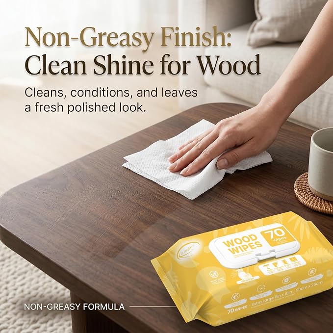Air Jungles Wood Furniture Cleaner Wipes 70 Count (3 Packs), XL 8x10 Inch | Clean, Protect, Polish Wood Tables, Chairs, Cabinets, Desks, With Vitamin E Gentle For Skin, Lemon Scent