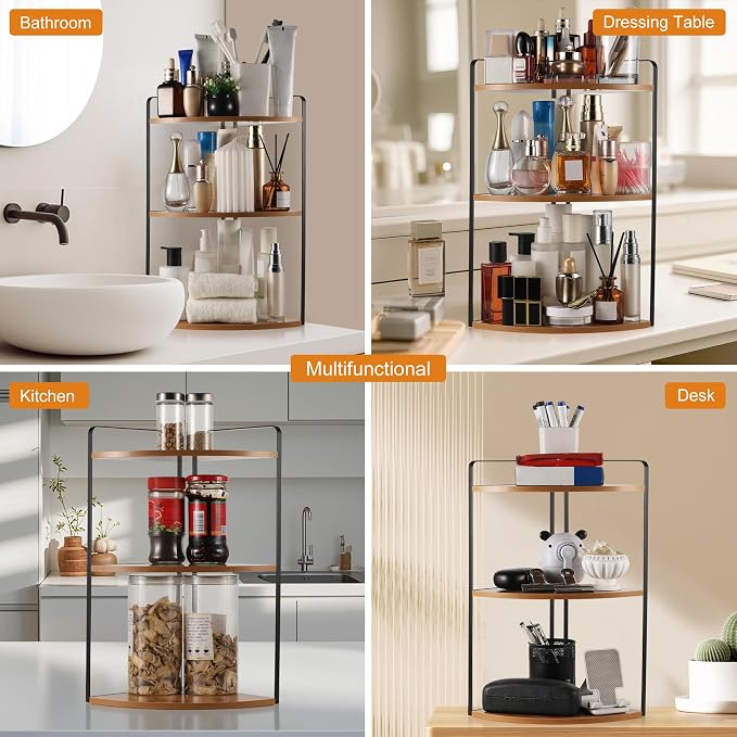 3 Tier Corner Bathroom Counter Organizer, Countertop Organizer, Makeup Organizer Countertop, Bathroom Storage Sink Shelf, Wooden and Metal Counter Shelf (Red Brown)