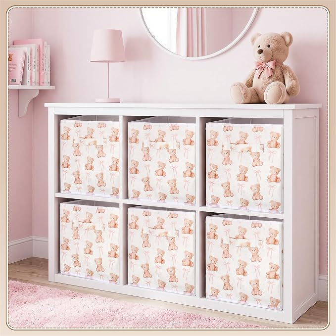 Geelin 6 Pcs Pink Bow Teddy Bear Cube Storage Bins 11 Inch Storage Basket with Handle, Preppy Girls Organizer Basket, Collapsible Fabric Box for Classroom Bedrooms Office Home Decoration Gift