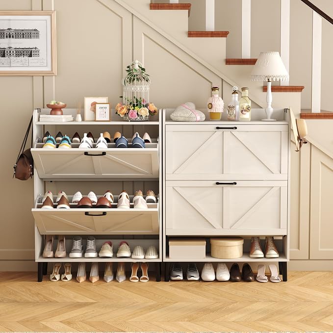 HOMEFORT Shoe Storage Cabinet for Entryway, Slim Shoe Organizer with Two Flip Drawers, Narrow Shoe Holder with Wood Legs, Farmhouse Hidden Shoe Cabinet for Front Door Entrance,Antique White