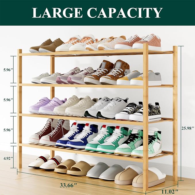 Smiry Long Bamboo Shoe Rack, 4 Tier Free Standing Wooden Shoe Organizer, Stackable Wood Shoe Storage Shelf for Closet, Entryway, 12 Vertical Slats, 2+2 Stack Standard Legs, 33.7"x11"x26", Natural