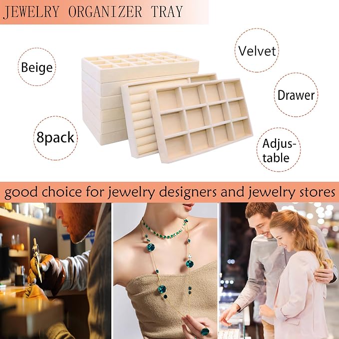 8 Stackable Jewelry Trays Organizer for Drawers Jewellry Storage Display Case for Earring Rings Necklace Bracelet Watch with Removable Dividers
