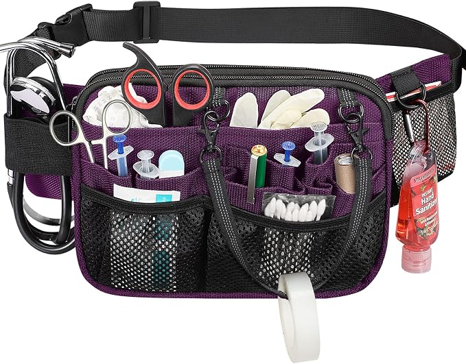 SITHON Nurse Fanny Pack with Tape Holder, Multi Compartment Medical Gear Pocket Nursing Organizer Belt Bag, Apron Hip Bag Utility Waist Pack for Stethoscopes Bandage Scissors Medical Supplies (Purple)