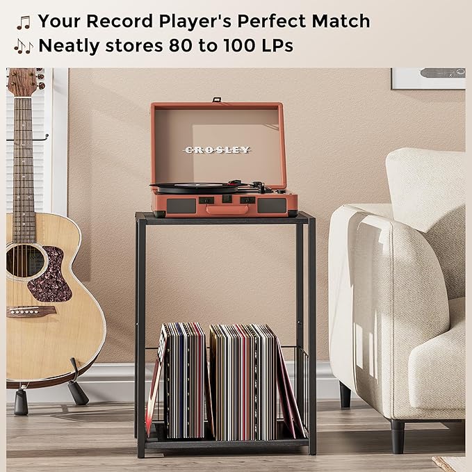 Homleke Side Table with Magazine Holder, Record Player Stand with LP Shelf | LP Storage, Magazine Holder, Easy Assembly, Living Room, Bedroom, Bedside, 11" D x 16.9" W x 23.6" H, Black