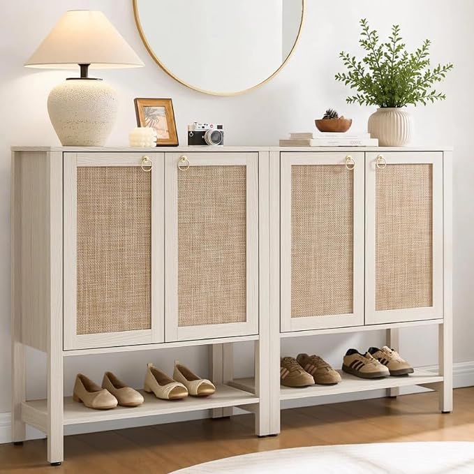 SICOTAS Shoe Storage Cabinet for Entryway - 5 Tier Rattan Entry Shoe Organizer Cabinet with Shelves & Doors, 2 Pieces Farmhouse Boho Shoe Rack for Hallway, Living Room, Closet (White Cream Oak)