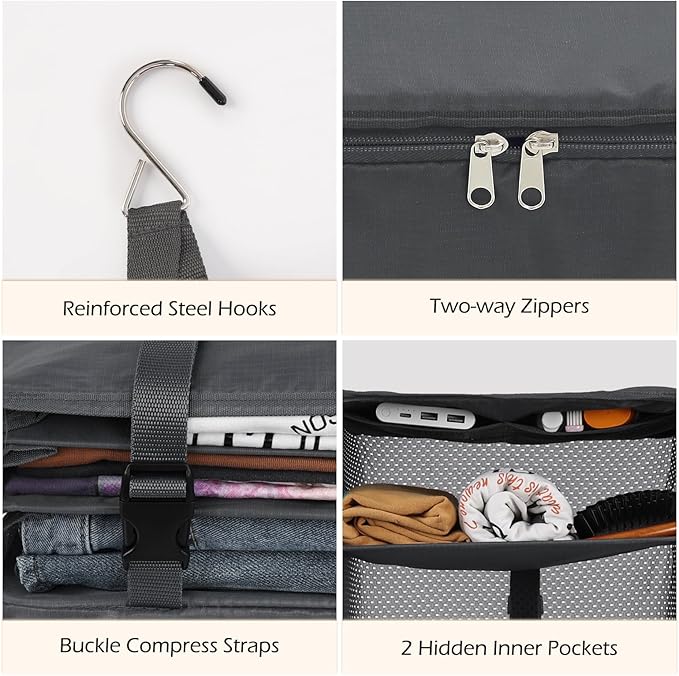 Surblue Hanging Closet Storage Bag Collapsible 3-Shelf Washable Oxford Fabric with 2 Hooks (L 11.41 * 11.41 * 19.68in, Grey)