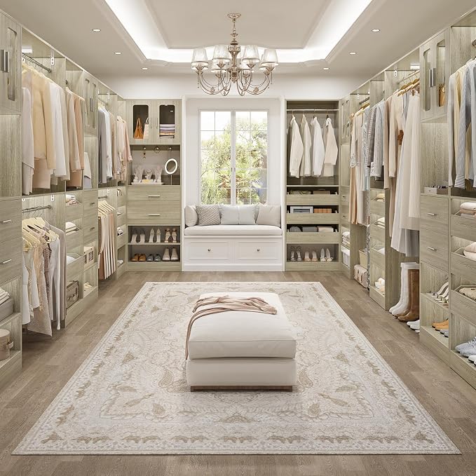 6.7FT-10FT Closet System Set with Half-Open Drawers, 80.5''-120" Wooden Modular Wardrobe Set with Shelving Towers, 80'' Height Closet Organizer with Hanging Rods and 2 Big Wing Shelves, White Oak