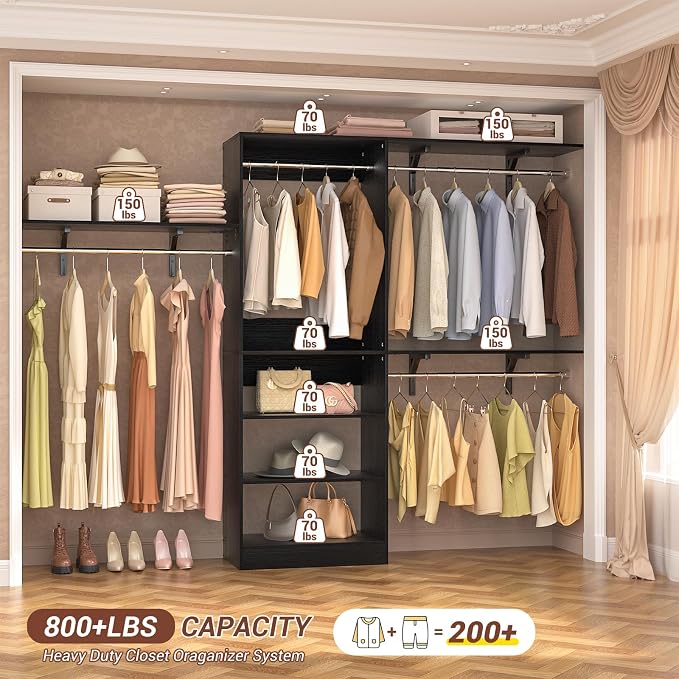 8FT Closet System with 3 Wooden Storage Shelves, 96'' Closet Organizer System with 3 Hanging Rods, Wall Mount Bedroom Wardrobe Walk-in Closet, Adjustable Garment Rack from 5 to 8FT (Cut to Fit), Black