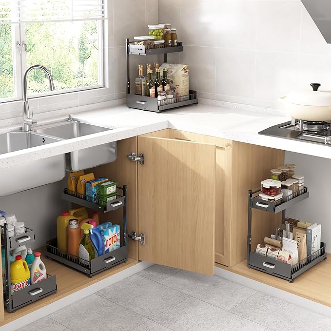 Under Sink Organizer,2 Tier Slide Out Kitchen Cabinet Organizers with Pulley,Under Bathroom Sink Pull Out Organizer with Multiple Height Adjustments for Kitchen and Bathroom Cabinets-Gray