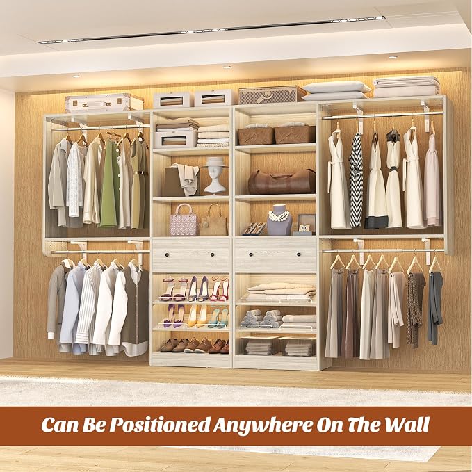 Closet System with Drawer - Reversible 5FT Wood Closet Organizer System with 2 Hanging Rods and Adjustable Shelf, Walk In Closet Organizers with Shoe Rack, Built-In Garment Rack, White Oak