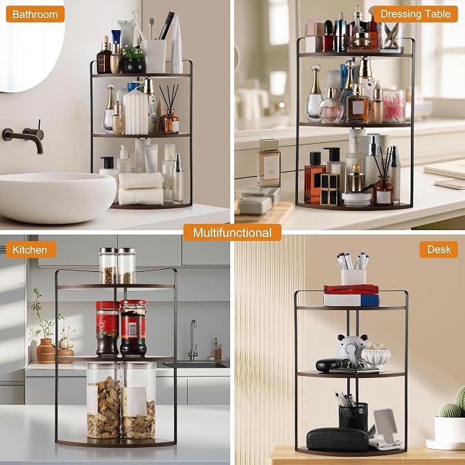 3 Tier Corner Bathroom Counter Organizer, Countertop Organizer, Makeup Organizer Countertop, Bathroom Storage Sink Shelf, Wooden and Metal Counter Shelf (Gray Brown)