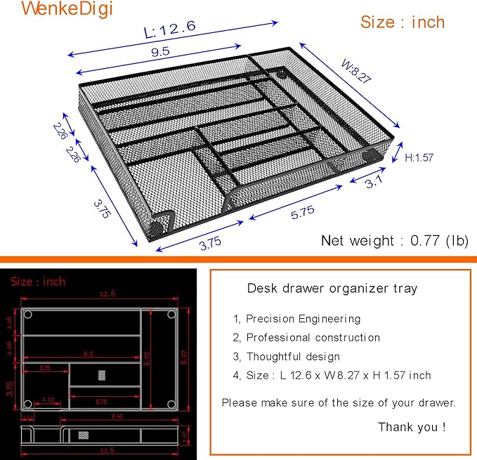 Metal Mesh Desk Drawer Organizer Tray, 6-Compartment Office Drawer Organizer for Pens Supplies, 12.6"x8.27"x1.57" Black