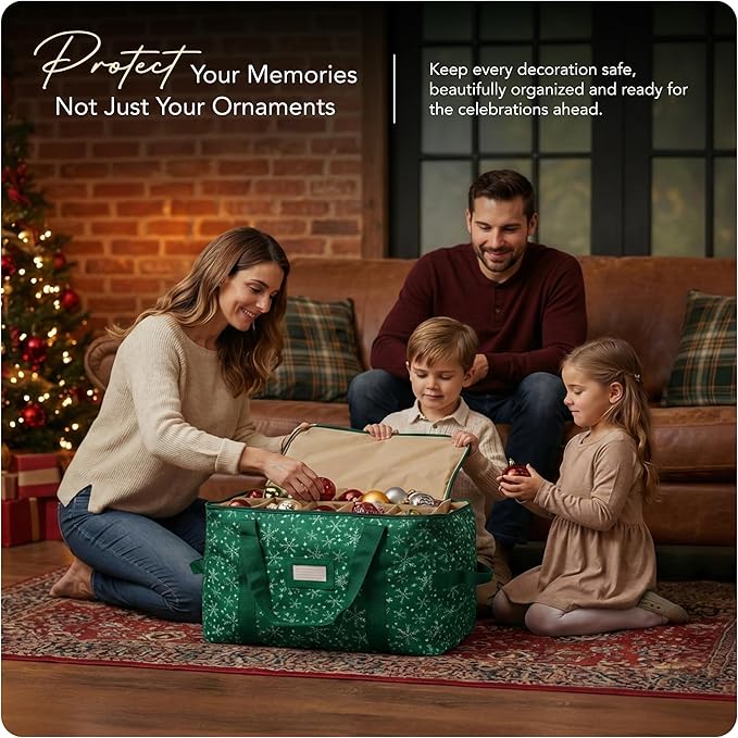 Covermates Keepsakes Adjustable Ornament Storage Bag – Heavy-Duty Polyester, Padded Dividers & FlexGrid Trays – Protective Holiday Ornament Organizer with Handles & Label Window, Green Snowflake
