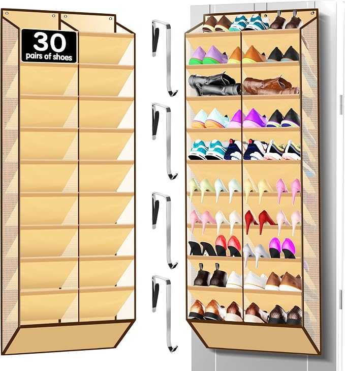 Kotkn 10-Tier Over the Door Shoe Organizer, 20 Pockets Holds 20-30 Pairs, Heavy-Duty Oxford Fabric with Hexagon Mesh for Boots & Sneakers, Beige
