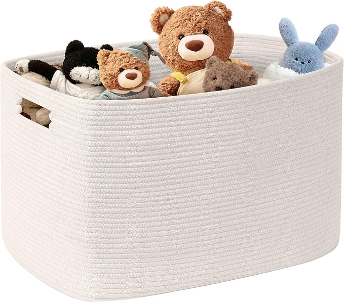 100L Extra Large Woven Laundry Basket Hamper with Handles, White | 24"x16"x16", collapsible wicker hamper, storage for dirty clothes, toys, blankets, gifts, living room, bedroom, bathroom