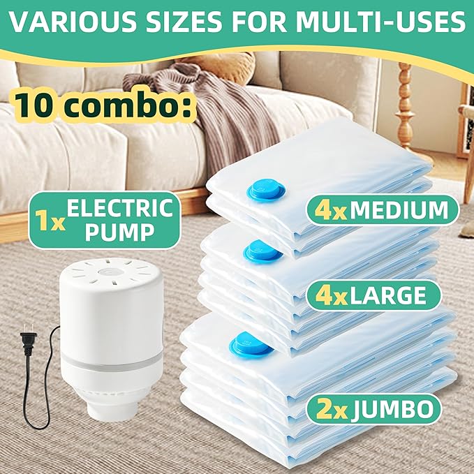 Vacuum Storage Bags with Electric Pump, Vacuum Seal Space Saver Bags for Clothes, Clothing, Blanket Bedding Comforters, Combo 10 pack
