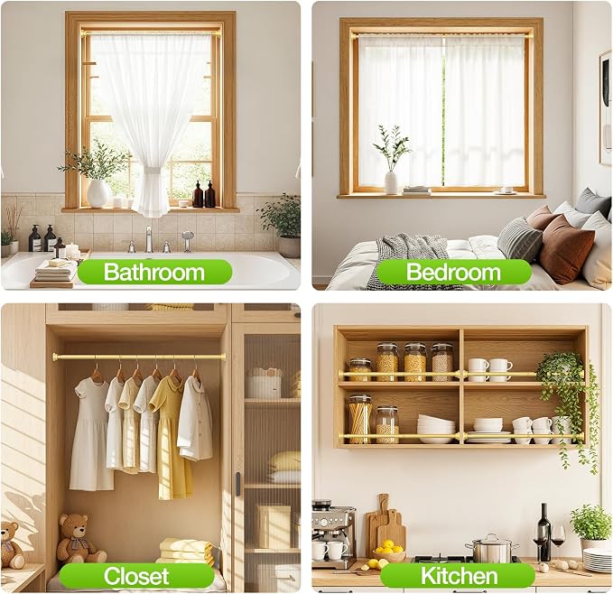 2 Pack Tension Curtain Rod 46-76Inch Curtain Rods for Windows Gold Spring Curtain Rod no Drilling Adjustable Expandable Tension Rods for Windows,Doorway,Closet,Bedroom