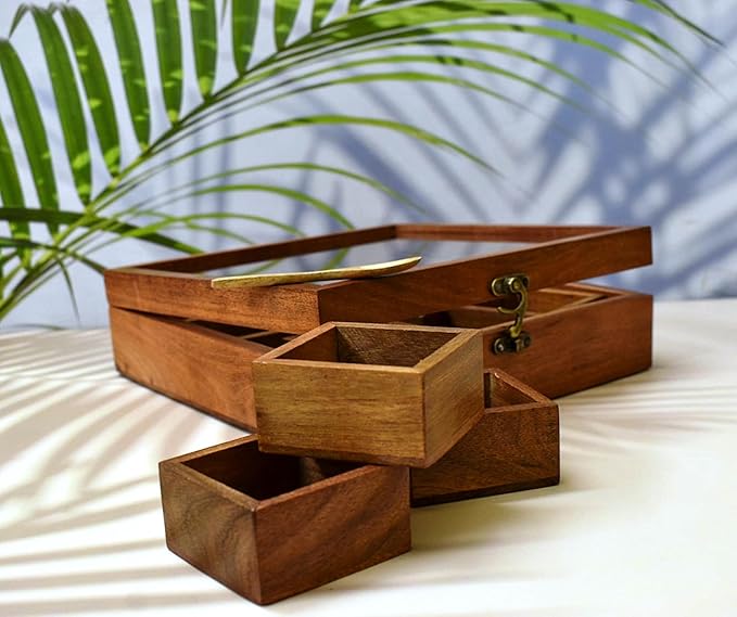 Wooden Spice Box with Glass Lid - Decorative Masala Dabba Organizer with Spoon, 9 Removable Compartments Spice Storage Container Ideal for Seasonings & Herbs Perfect for Gift (9x9 Inch)