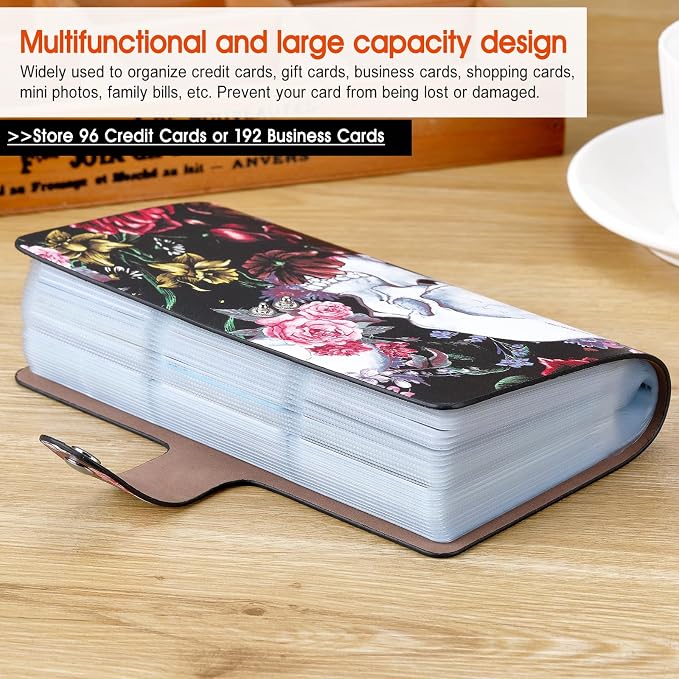 RFID Credit Card Holder, Leather Business Card Organizer with 96 Card Slots, Credit Card Case for Managing Your Different Cards and Important Documents to Prevent Loss or Damage (Skeleton Flower)