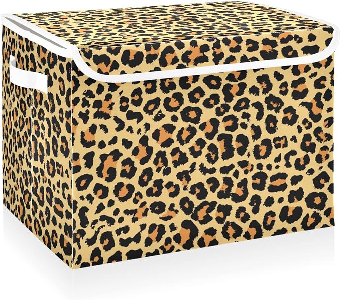 CaTaKu Large Fabric Storage Bins With Lids, Brown Leopard Print Storage Boxes With Handles for Organizing Clothes, Collapsible Storage Cube Bins Baskets for Shelves