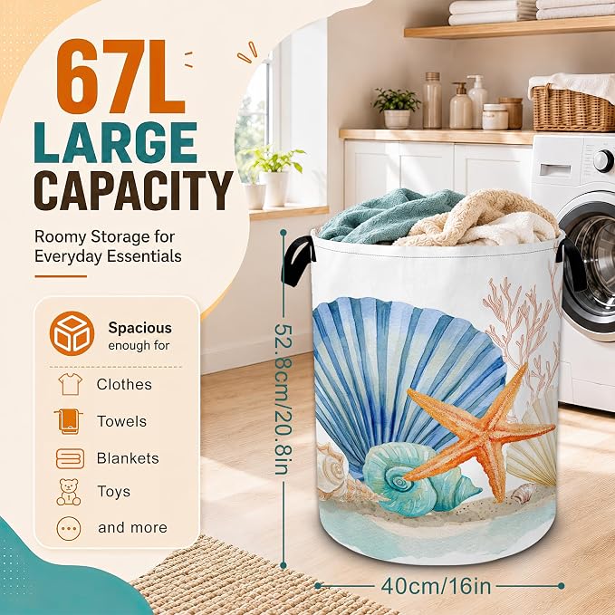 Starfish Laundry Basket,Coral Seashells Large Collapsible Portable Round Laundry Hamper with Handles,Oxford Storage Bin for Clothes,Blankets,Bedroom,Bathroom