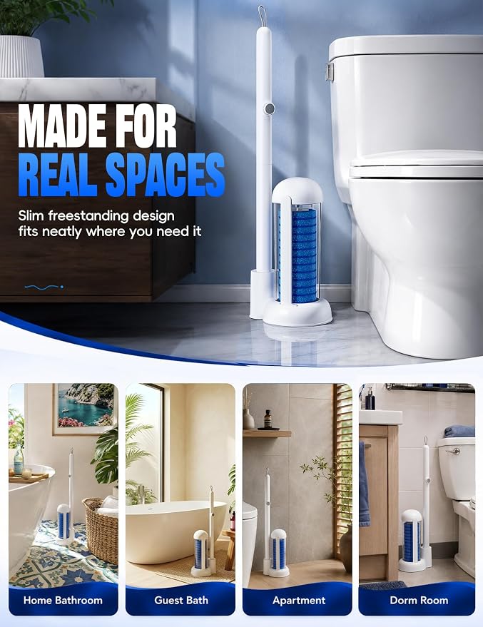 Toilet Brush Kit, Disposable Toilet Bowl Cleaner Brush with Blue Replacement Heads, Press-Button Wand and Self-Closing Freestanding Holder (2 Toilet Brush + 91 Refills)