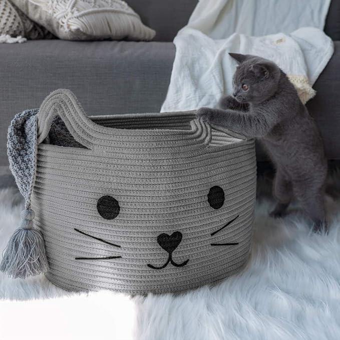 Large Woven Cotton Rope Storage Basket, Baby Laundry Basket Organizer for Towels, Blanket, Toys, Clothes, Gifts | Pet Gift Baskets for Cat, Dog - 15.7" L×11.8" H, Gray