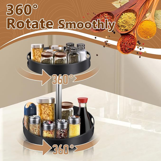Lazy Susan Turntable Spice Rack, 2 Tier Adjustable Height Rotating Spice Organization, Revolving Seasoning Organizer 12 Inch for Kitchen Countertop Pantry Dining Table Coffee Storage(Black)